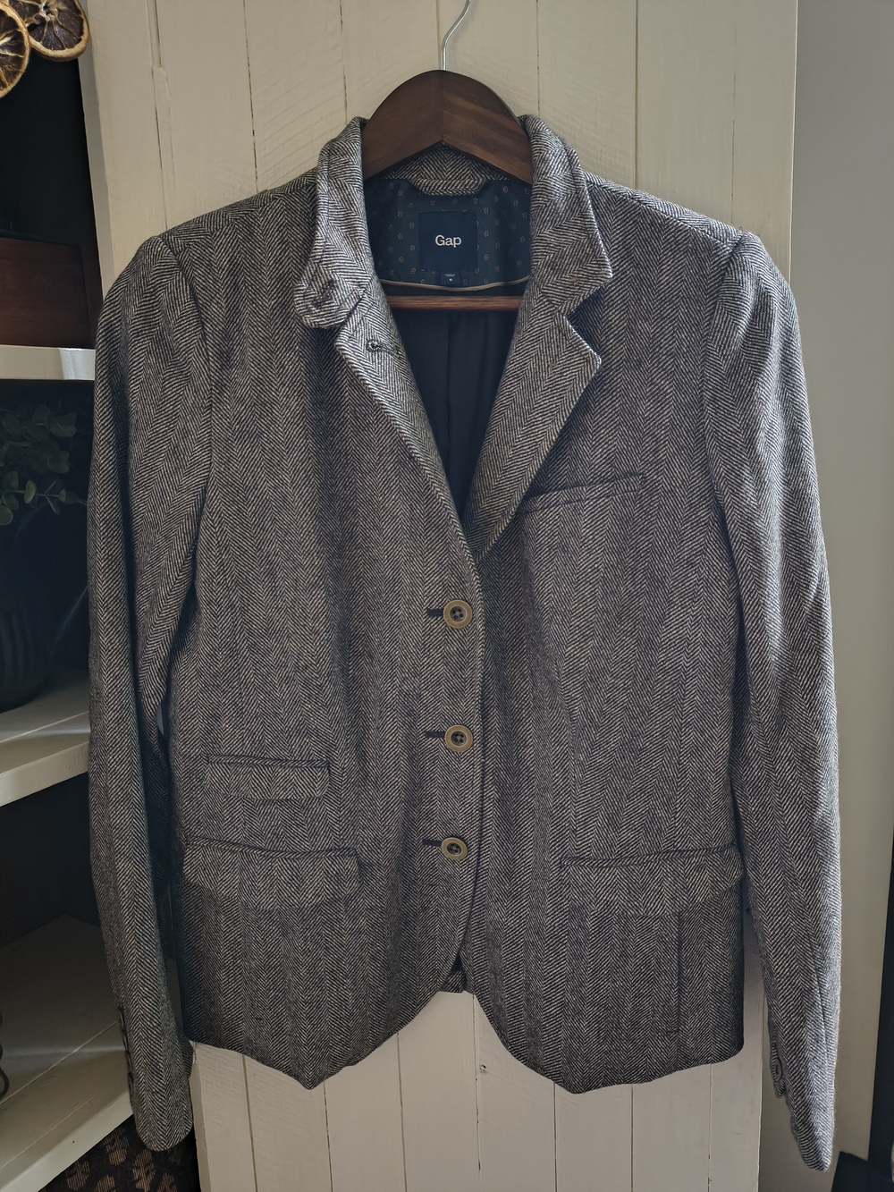 Vintage GAP Womens Herringbone Wool-Blend Blazer in Brown - Size 6